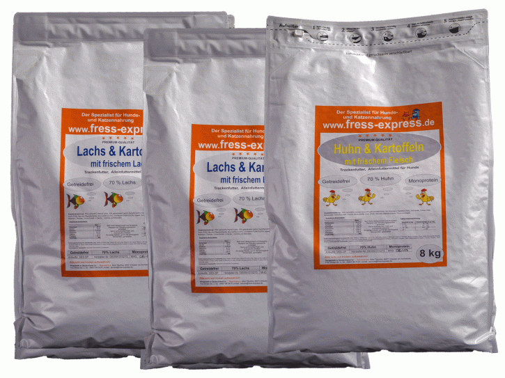 TRIO 24 kg: ( 3 x 8 kg ) 2 x Lachs + 1 x Huhn